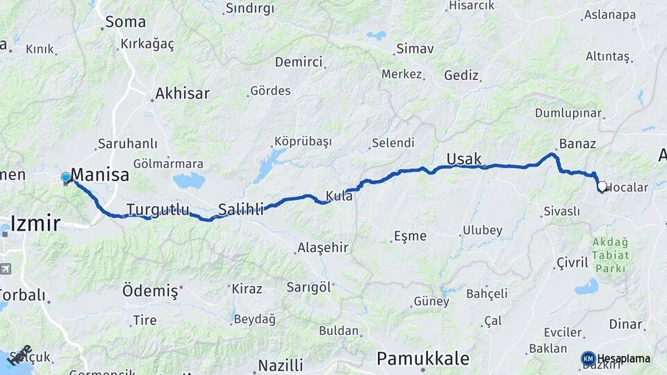 Manisa Hocalar Afyonkarahisar Arası Kaç Km - Yol Haritası
