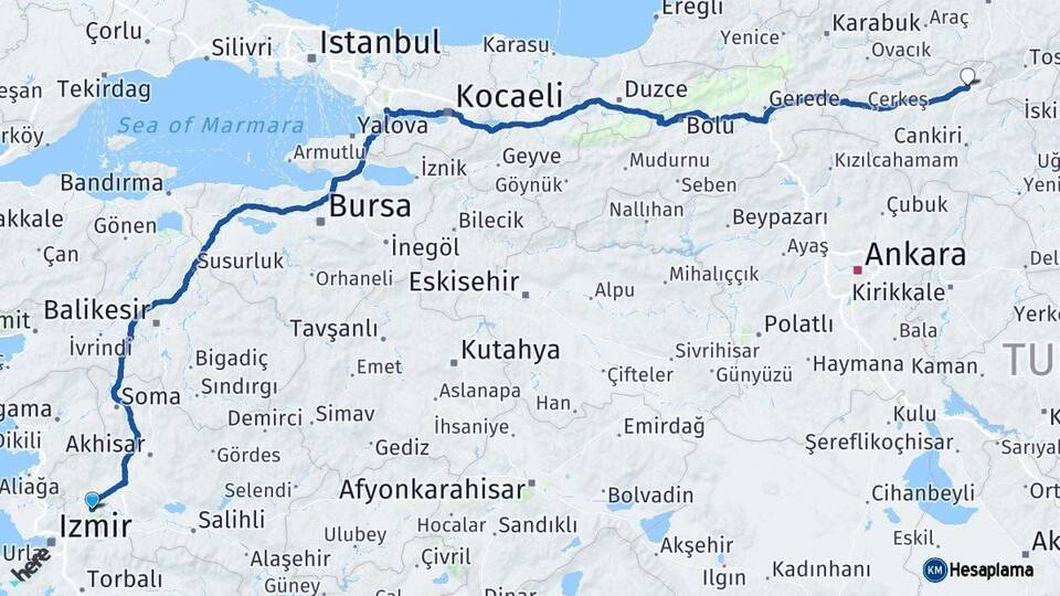 Manisa Ilgaz Çankırı Arası Kaç Km - Yol Haritası