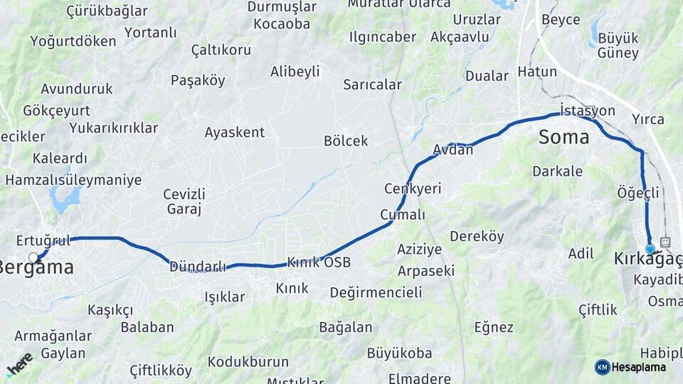 Manisa Kırkağaç Bergama İzmir Arası Kaç Km - Yol Haritası