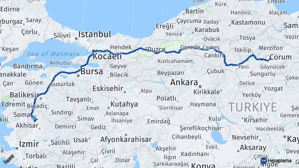 Manisa Kırkağaç Çorum Arası Kaç Km - Yol Haritası