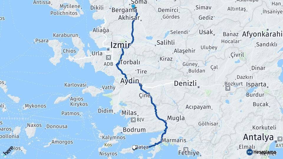 Manisa Kırkağaç Datça Muğla Arası Kaç Km - Yol Haritası