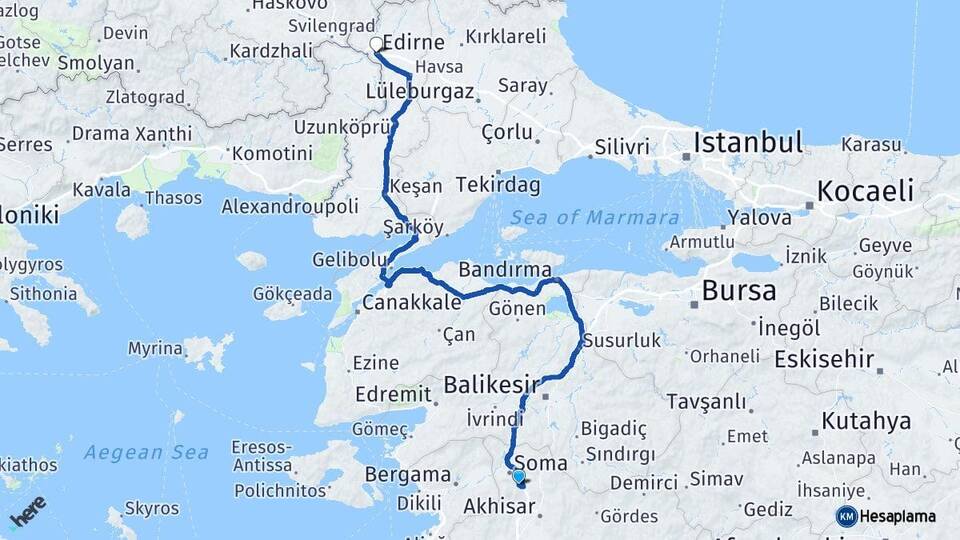 Manisa Kırkağaç Edirne Arası Kaç Km - Yol Haritası