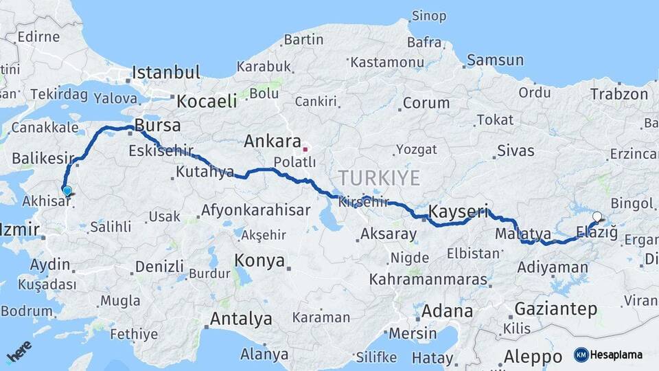 Manisa Kırkağaç Elazığ Arası Kaç Km - Yol Haritası