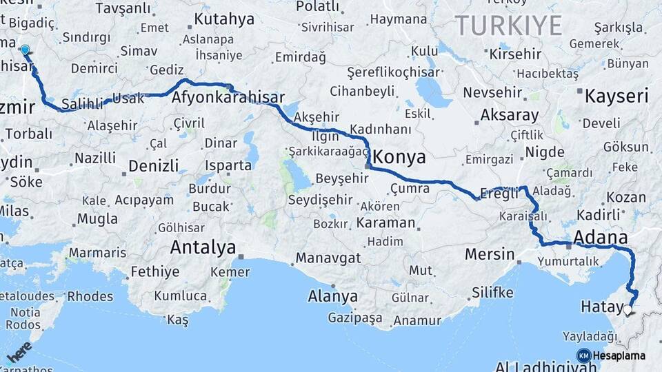 Manisa Kırkağaç Hatay Arası Kaç Km - Yol Haritası