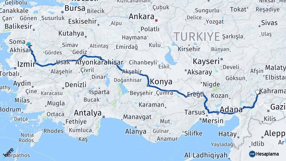Manisa Kırkağaç Kahramanmaraş Arası Kaç Km - Yol Haritası