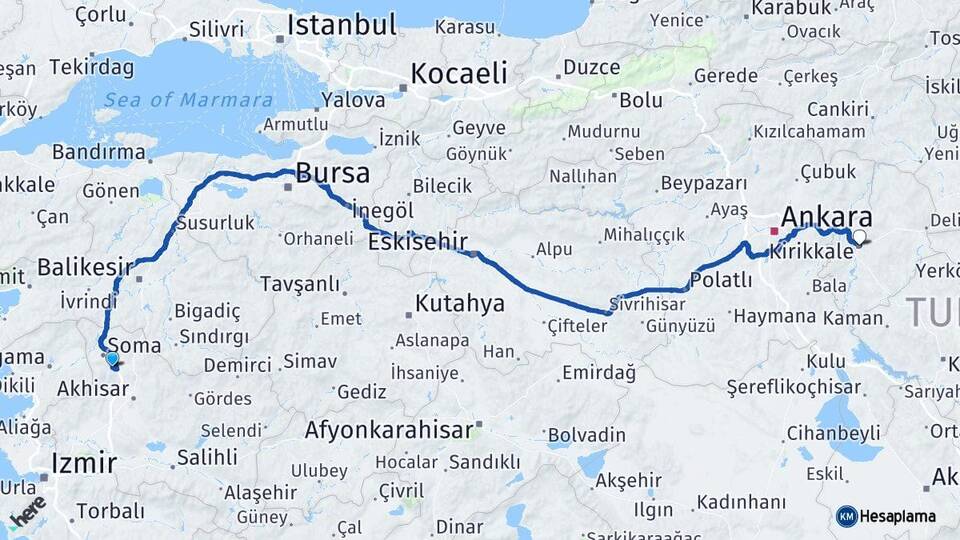 Manisa Kırkağaç Kırıkkale Arası Kaç Km - Yol Haritası