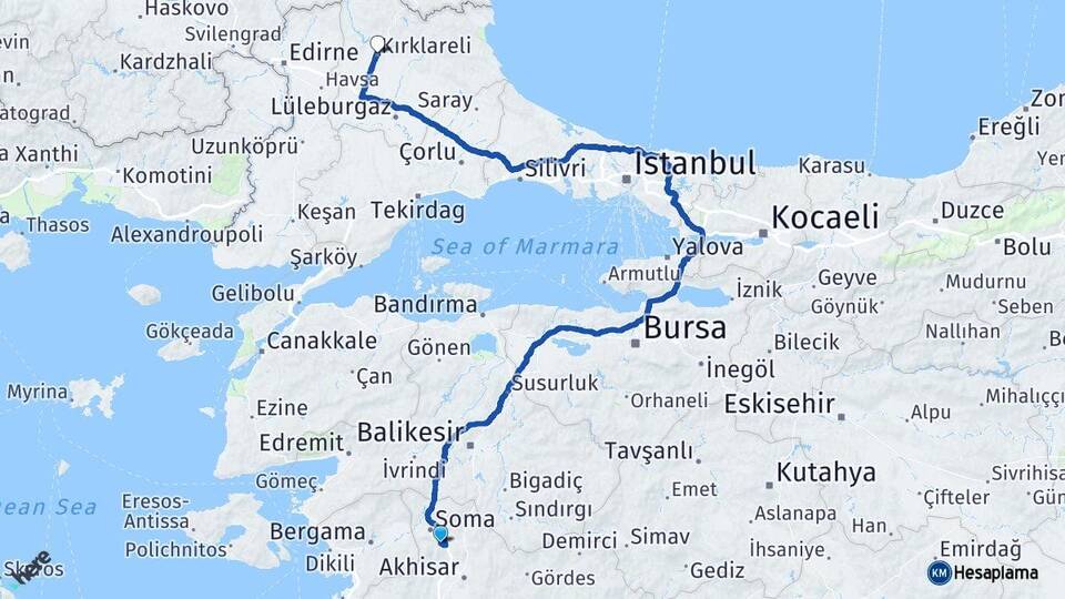 Manisa Kırkağaç Kırklareli Arası Kaç Km - Yol Haritası