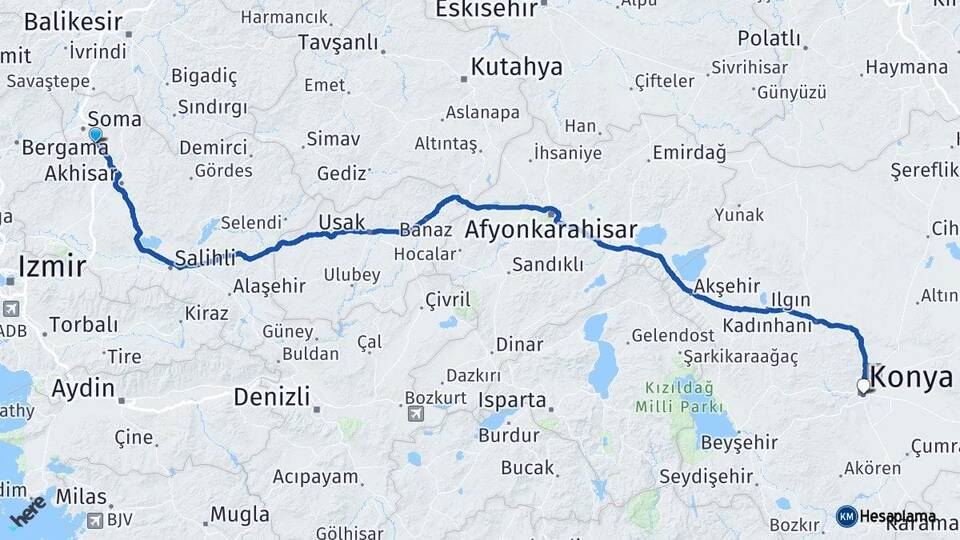 Manisa Kırkağaç Konya Arası Kaç Km - Yol Haritası