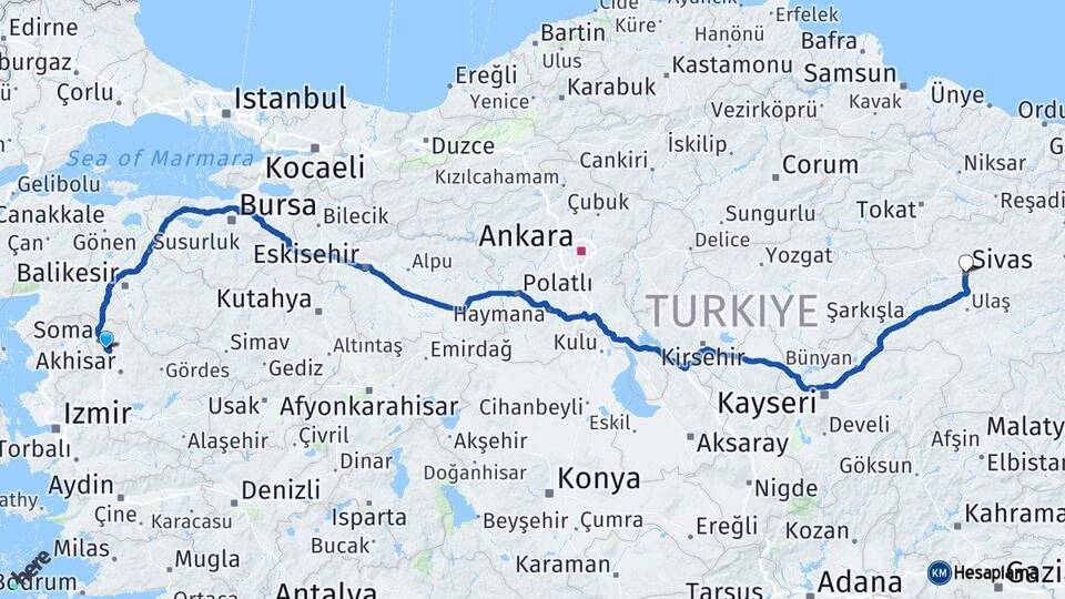 Manisa Kırkağaç Sivas Arası Kaç Km - Yol Haritası