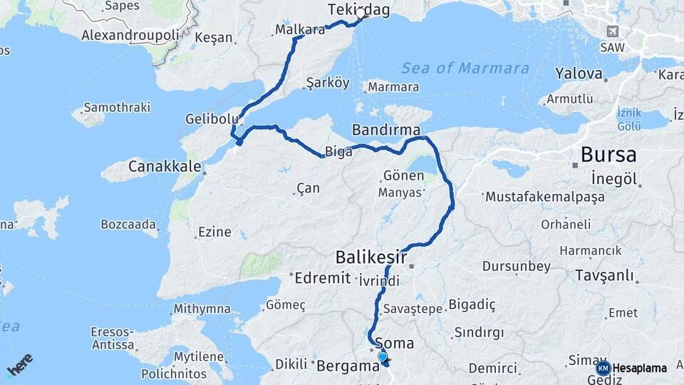 Manisa Kırkağaç Tekirdağ Arası Kaç Km - Yol Haritası