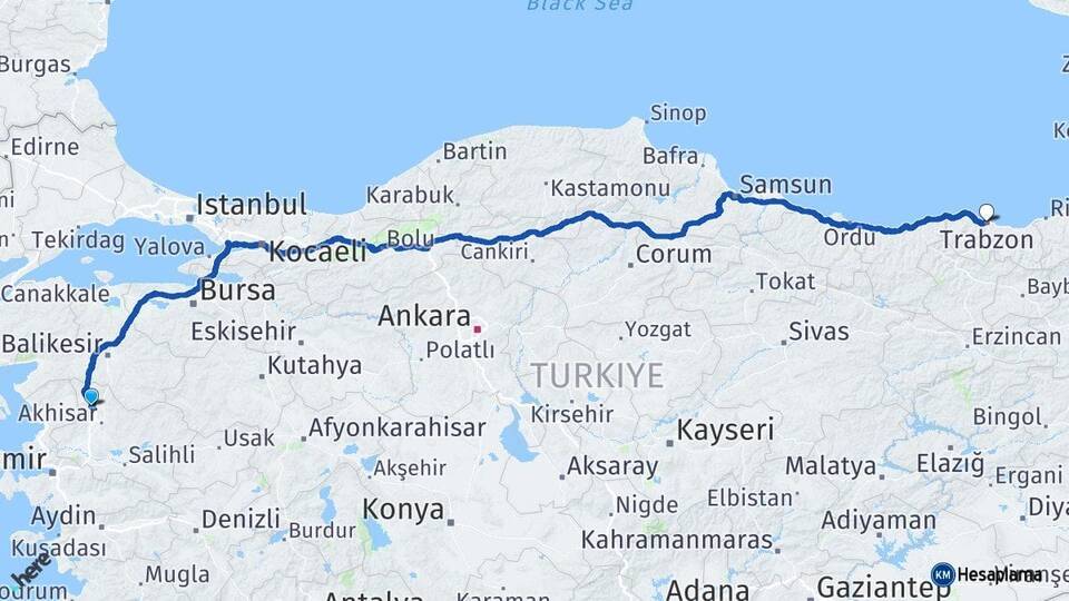 Manisa Kırkağaç Trabzon Arası Kaç Km - Yol Haritası