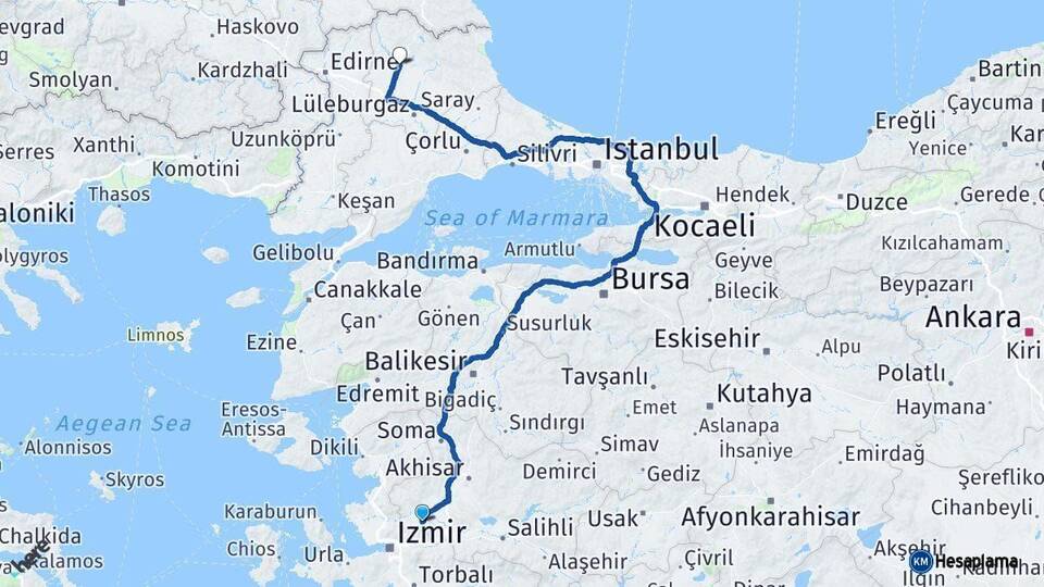 Manisa Kırklareli Arası Kaç Km - Yol Haritası