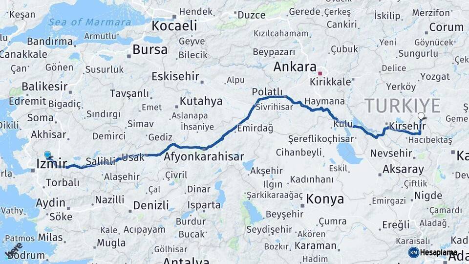 Manisa Kozaklı Nevşehir Arası Kaç Km - Yol Haritası
