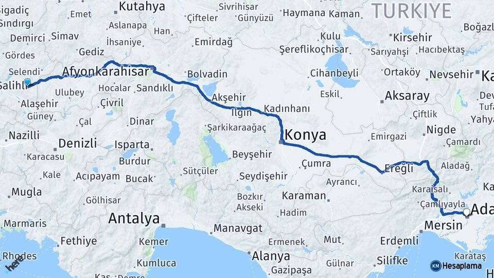 Manisa Kula Adana Arası Kaç Km - Yol Haritası