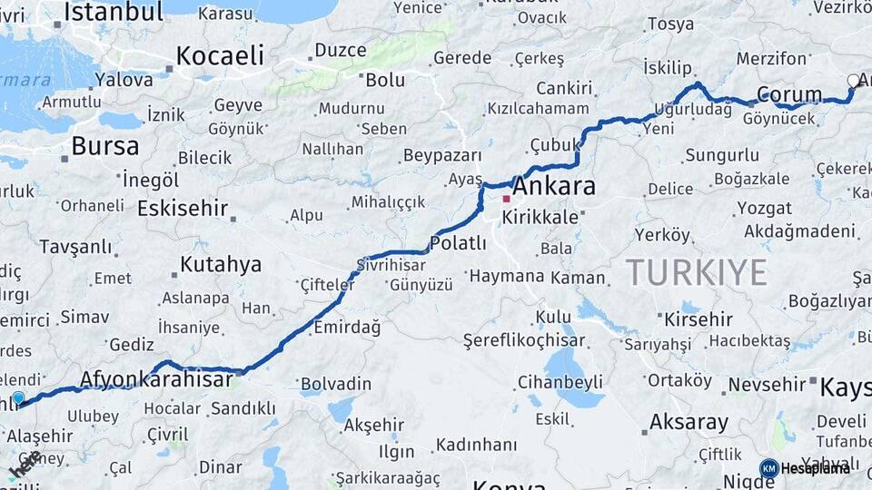 Manisa Kula Amasya Arası Kaç Km - Yol Haritası