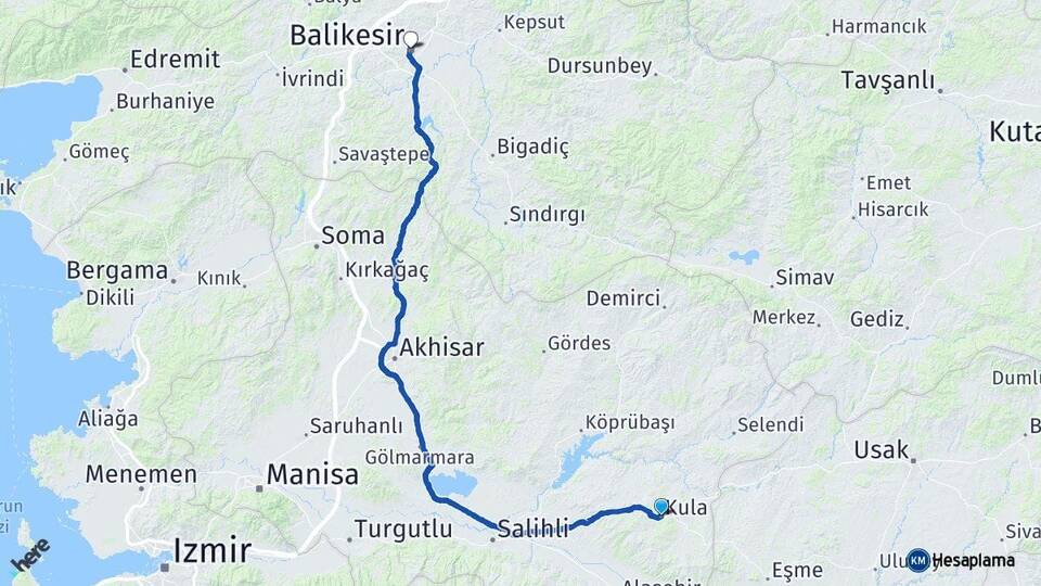 Manisa Kula Balıkesir Arası Kaç Km - Yol Haritası