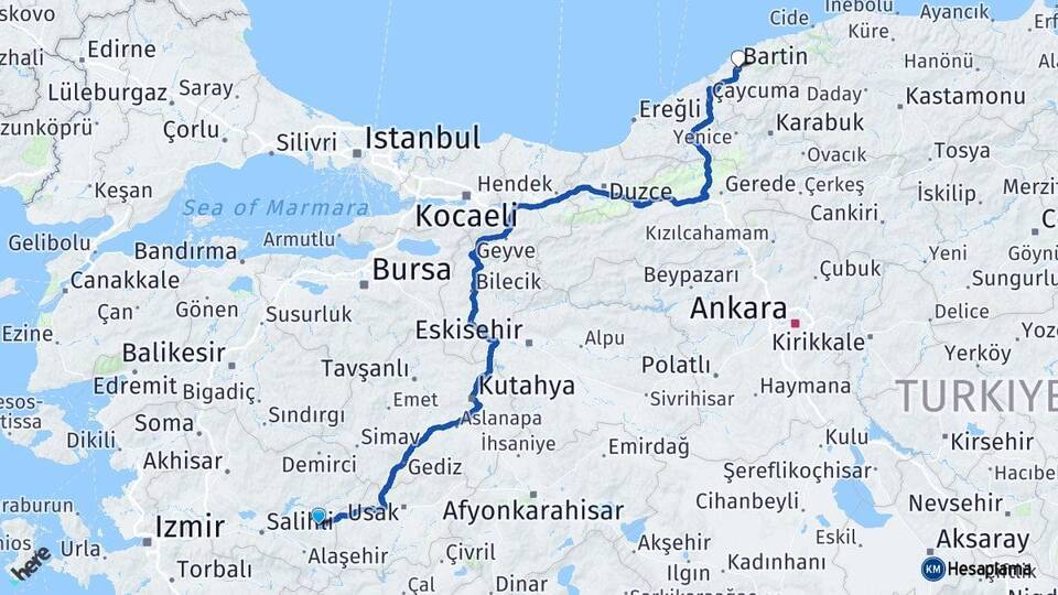Manisa Kula Bartın Arası Kaç Km - Yol Haritası