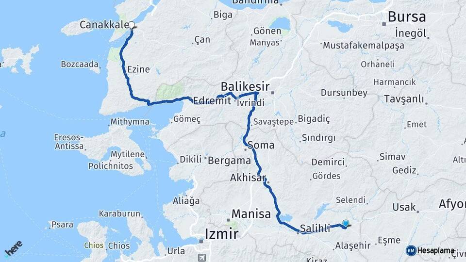 Manisa Kula Çanakkale Arası Kaç Km - Yol Haritası