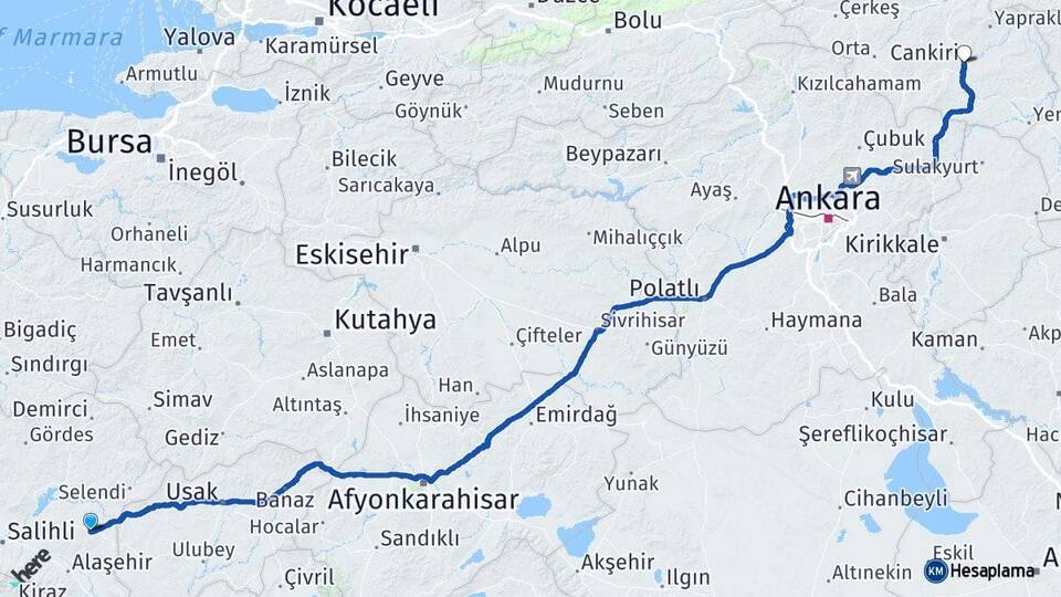 Manisa Kula Çankırı Arası Kaç Km - Yol Haritası