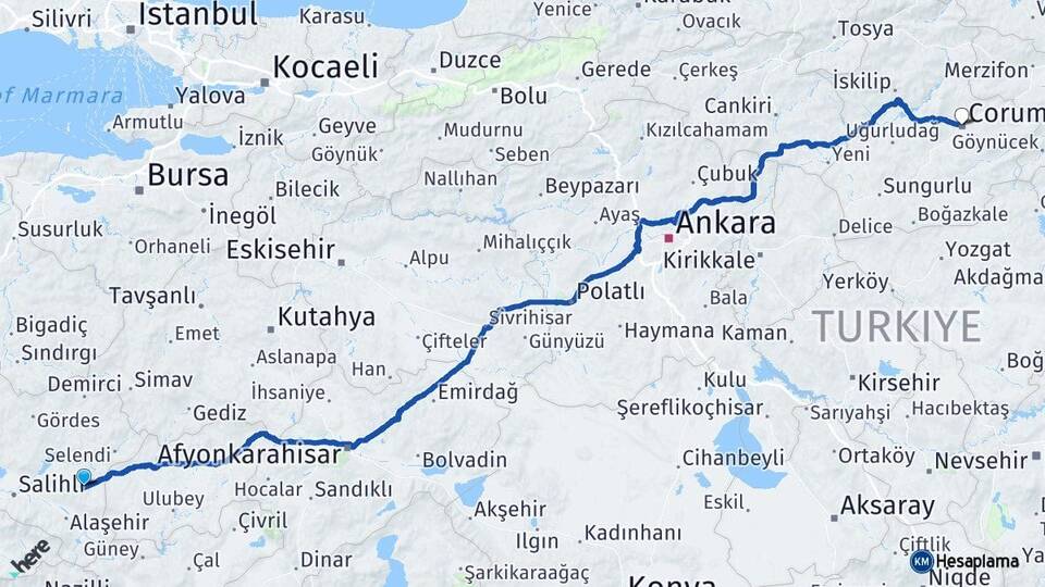 Manisa Kula Çorum Arası Kaç Km - Yol Haritası