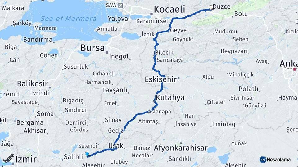Manisa Kula Düzce Arası Kaç Km - Yol Haritası