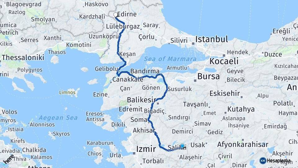 Manisa Kula Edirne Arası Kaç Km - Yol Haritası