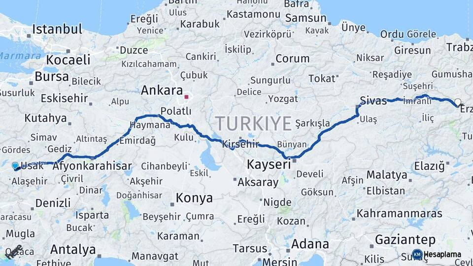 Manisa Kula Erzincan Arası Kaç Km - Yol Haritası