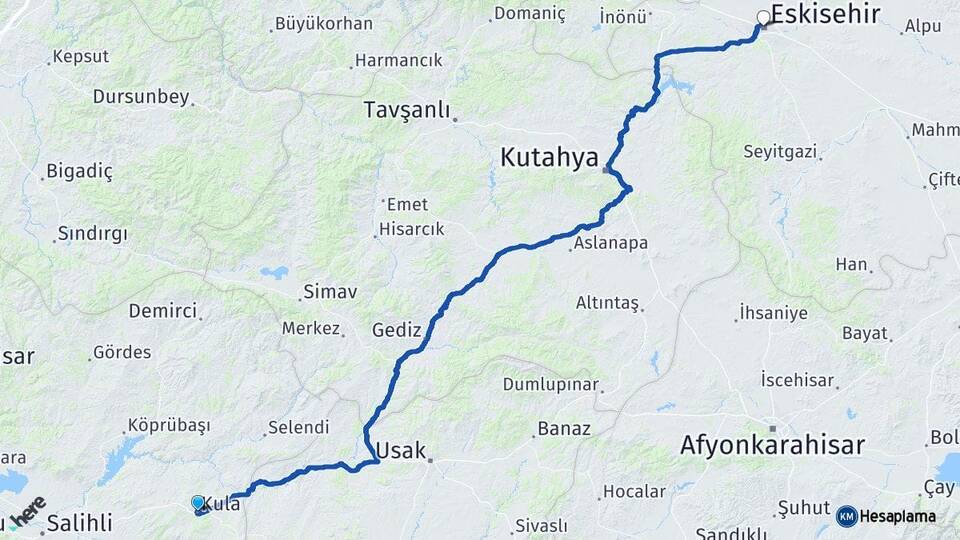 Manisa Kula Eskişehir Arası Kaç Km - Yol Haritası