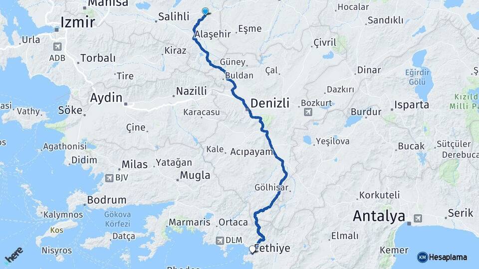 Manisa Kula Fethiye Muğla Arası Kaç Km - Yol Haritası