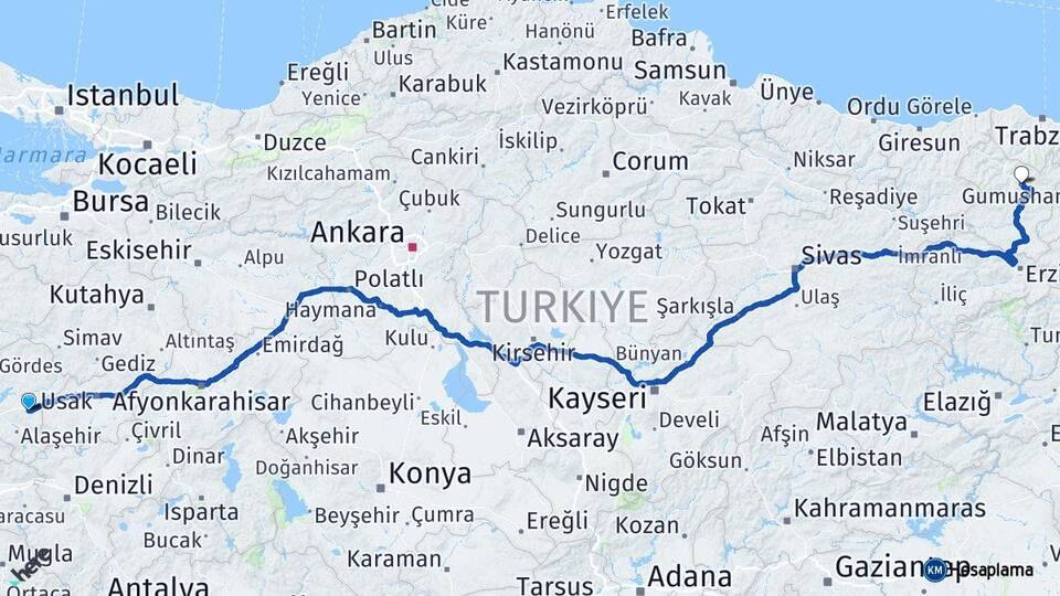 Manisa Kula Gümüşhane Arası Kaç Km - Yol Haritası