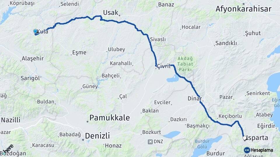 Manisa Kula Isparta Arası Kaç Km - Yol Haritası