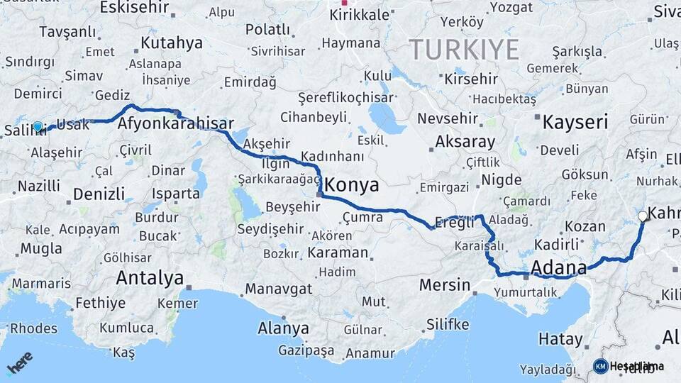 Manisa Kula Kahramanmaraş Arası Kaç Km - Yol Haritası