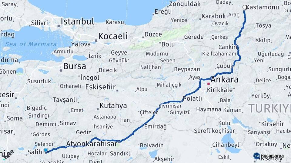 Manisa Kula Kastamonu Arası Kaç Km - Yol Haritası