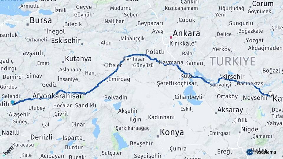 Manisa Kula Kayseri Arası Kaç Km - Yol Haritası