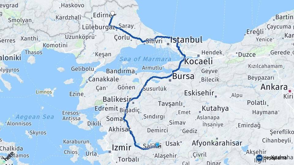 Manisa Kula Kırklareli Arası Kaç Km - Yol Haritası