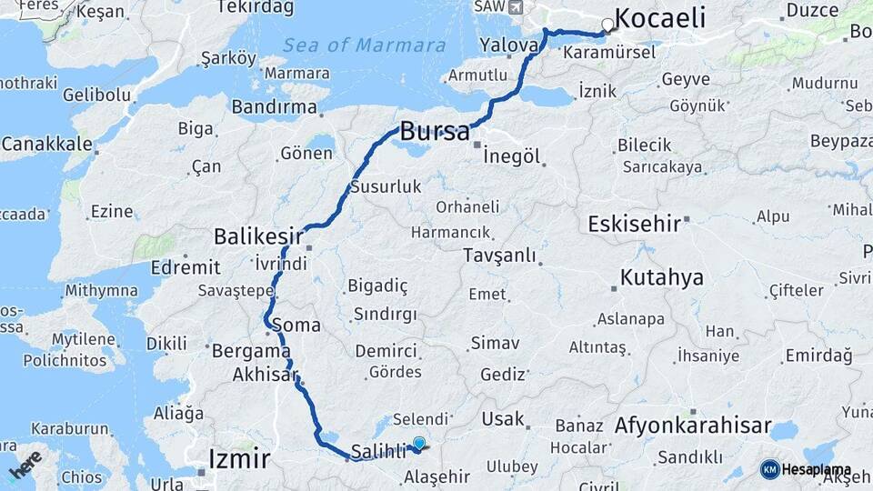 Manisa Kula Kocaeli Arası Kaç Km - Yol Haritası
