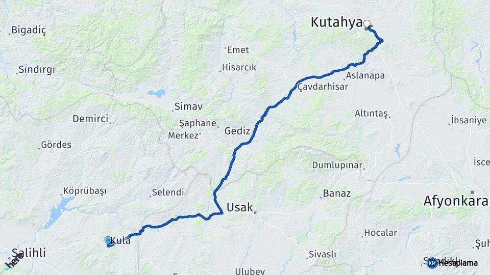 Manisa Kula Kütahya Arası Kaç Km - Yol Haritası