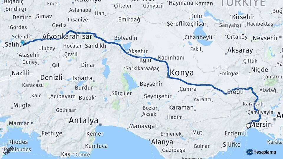 Manisa Kula Mersin Arası Kaç Km - Yol Haritası