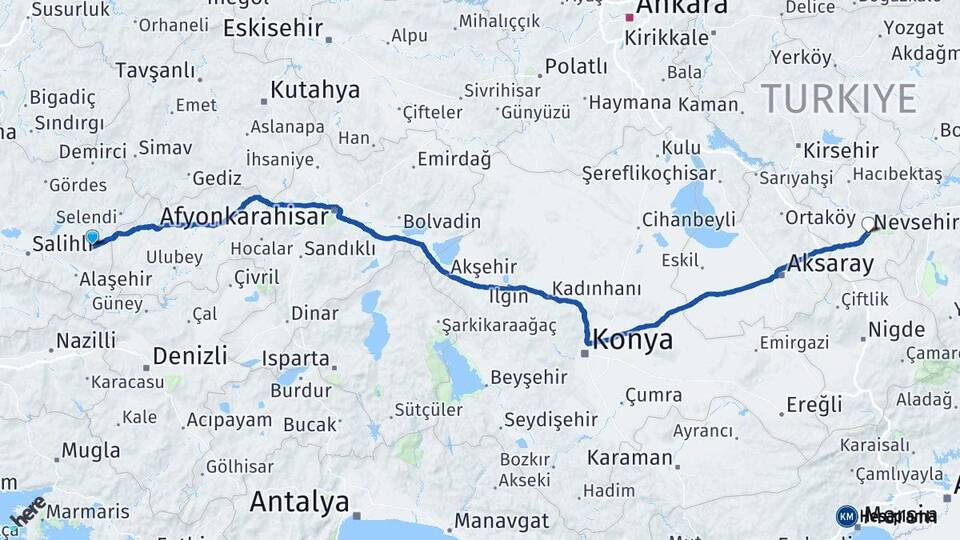 Manisa Kula Nevşehir Arası Kaç Km - Yol Haritası