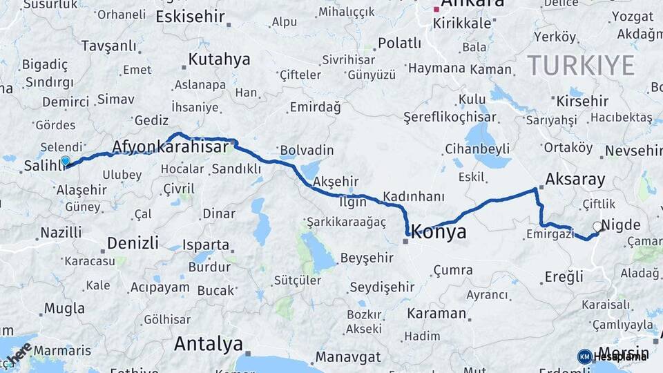 Manisa Kula Niğde Arası Kaç Km - Yol Haritası