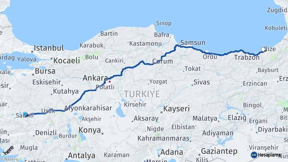 Manisa Kula Rize Arası Kaç Km - Yol Haritası