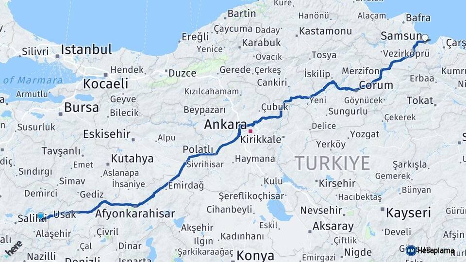 Manisa Kula Samsun Arası Kaç Km - Yol Haritası