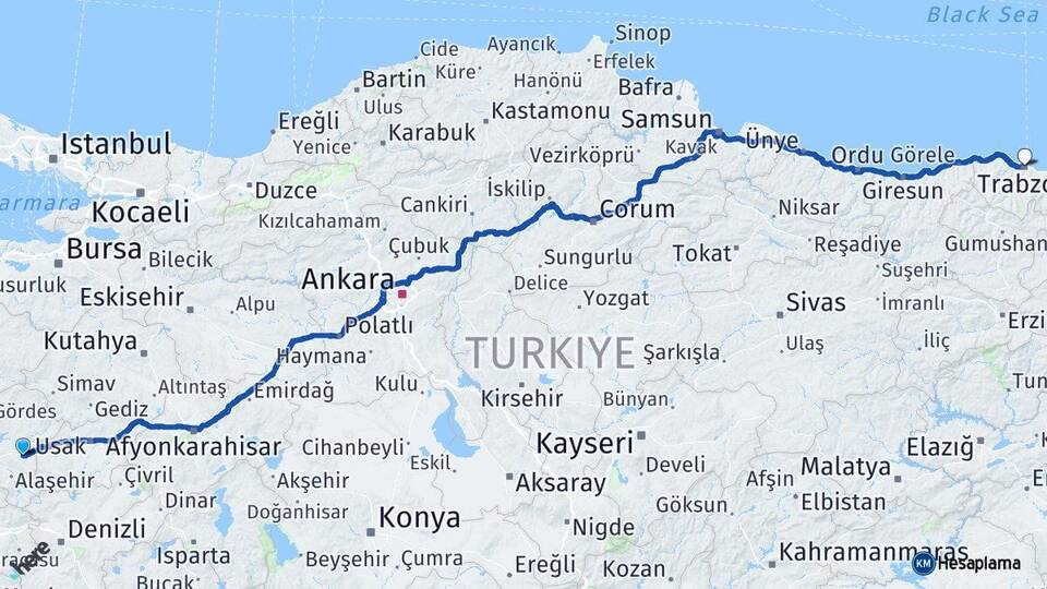 Manisa Kula Trabzon Arası Kaç Km - Yol Haritası