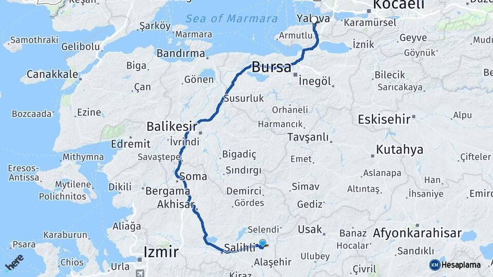 Manisa Kula Yalova Arası Kaç Km - Yol Haritası