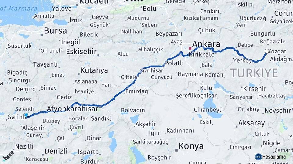 Manisa Kula Yozgat Arası Kaç Km - Yol Haritası