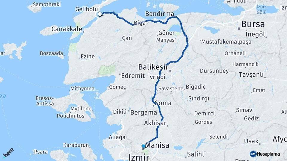 Manisa Lapseki Çanakkale Arası Kaç Km - Yol Haritası