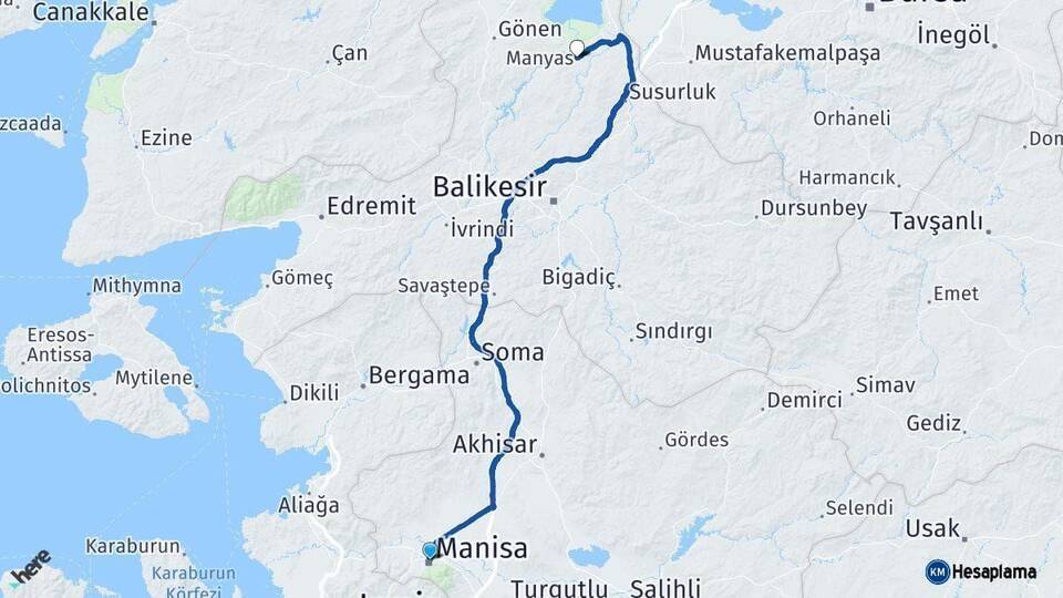 Manisa Manyas Balıkesir Arası Kaç Km - Yol Haritası