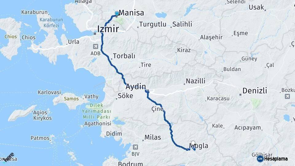 Manisa Menteşe Muğla Arası Kaç Km - Yol Haritası