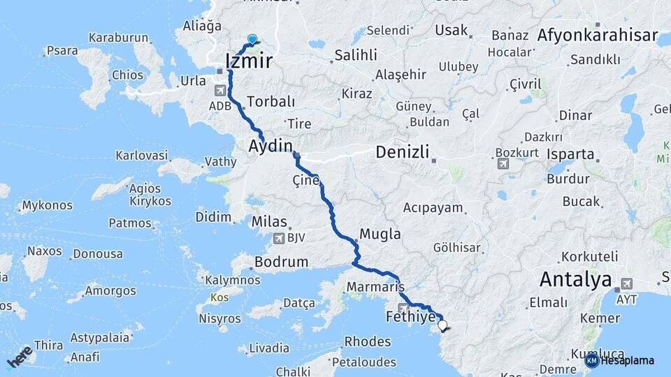 Manisa Ölüdeniz Fethiye Muğla Arası Kaç Km - Yol Haritası