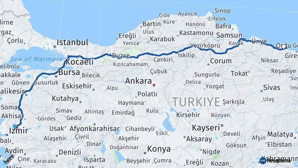 Manisa Ordu Arası Kaç Km - Yol Haritası